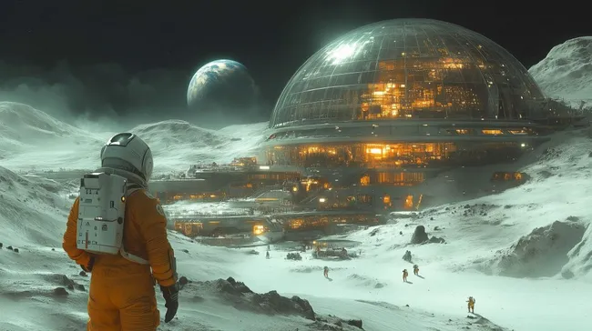 Futuristische Mondkolonie mit Glaskuppel und Astronauten