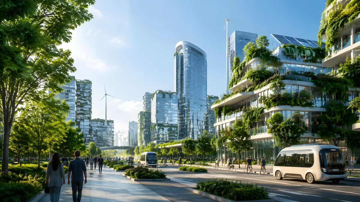 Futuristische Ökostadt mit begrünten Hochhäusern