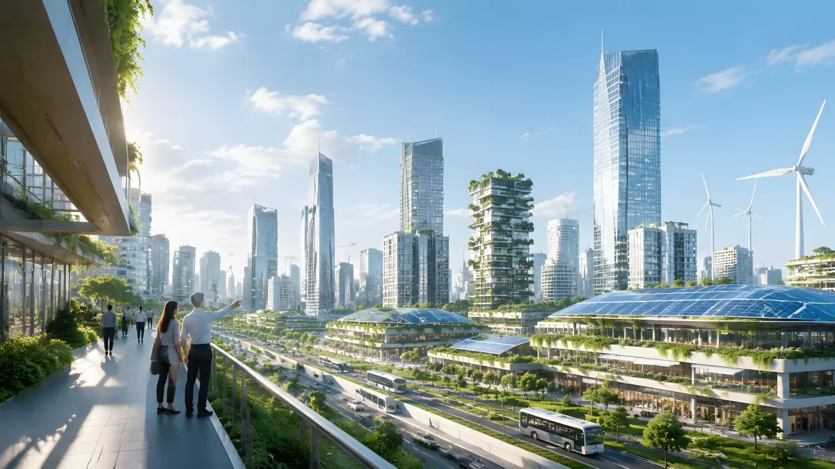Futuristische Ökostadt mit Hochhäusern und Windrädern