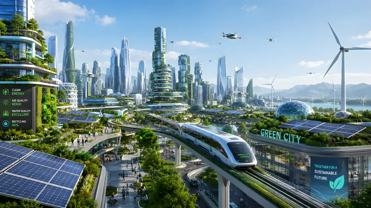 Futuristische Ökostadt mit Solarpanelen und Hochbahn