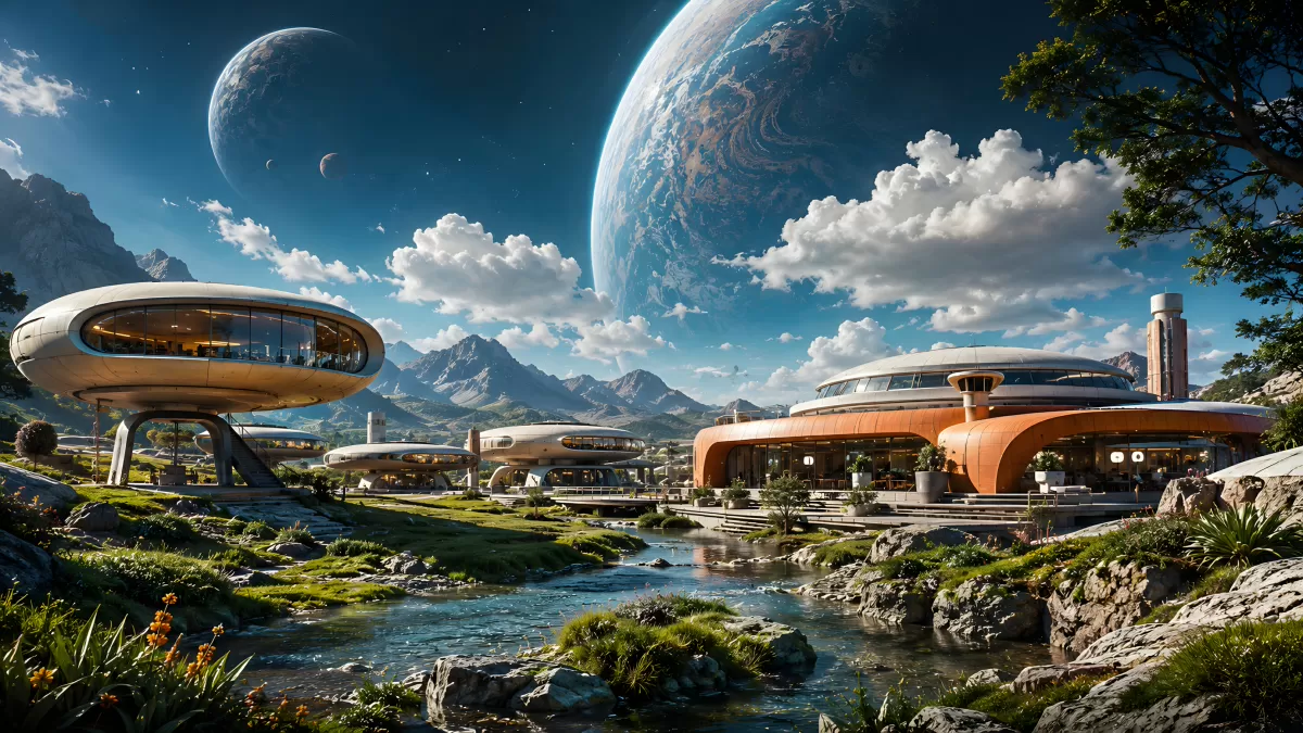 Futuristische Raumkolonie mit Planeten am Himmel