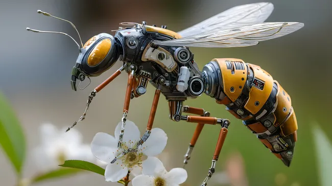 Futuristische Roboterdrohne bestäubt Blume
