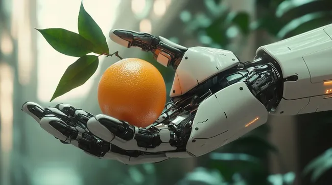 Futuristische Roboterhand hält frische Orange