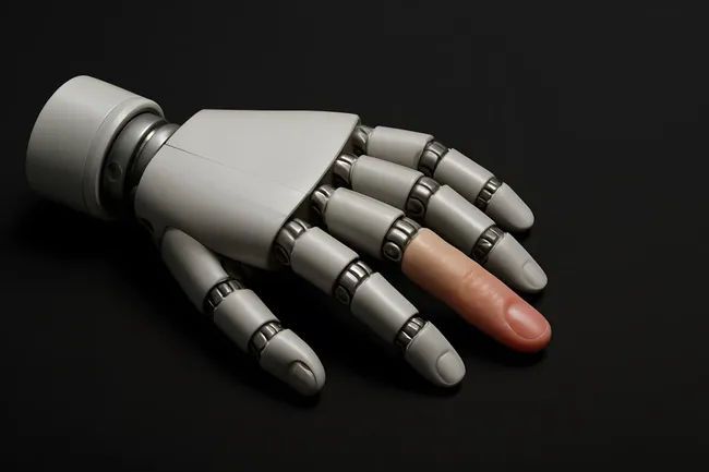 Futuristische Roboterhand mit menschlichem Finger