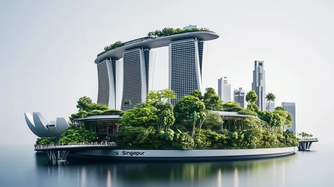 Futuristische Skyline von Singapur mit Parkanlage und Wolkenkratzern