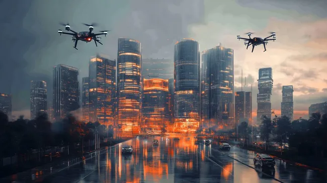 Futuristische Smart City bei Sonnenuntergang mit Überwachungsdrohnen