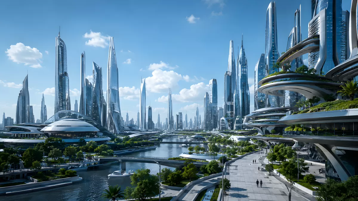Futuristische Stadtlandschaft mit Hochhäusern und Grünanlagen