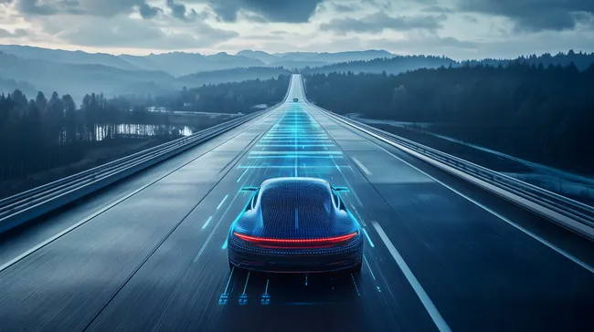 Futuristische Straße für autonome Fahrzeuge mit digitaler Überlagerung