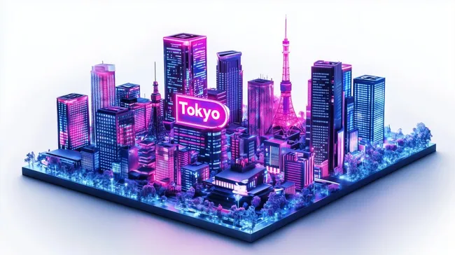 Futuristische Tokyo-Skyline in violetten Neonfarben