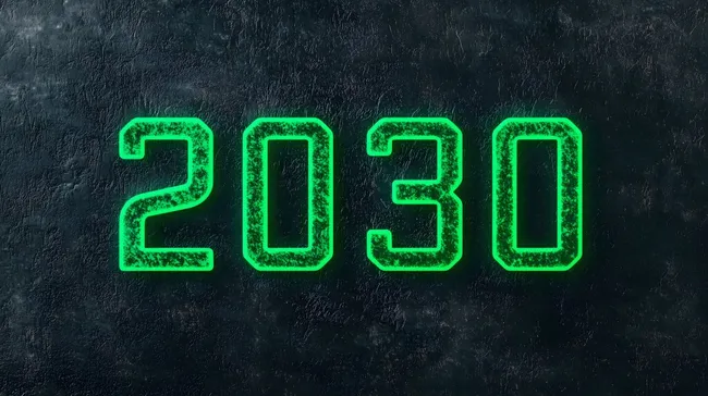 Futuristische Zahlen in leuchtendem Grün auf Betonhintergrund