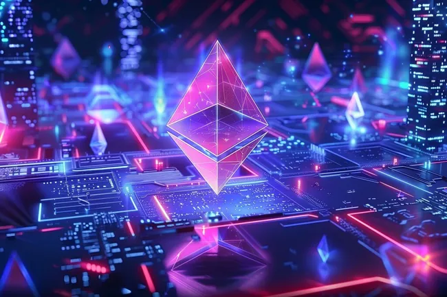 Futuristischer 3D-Ethereum-Kristall über High-Tech-Hintergrund