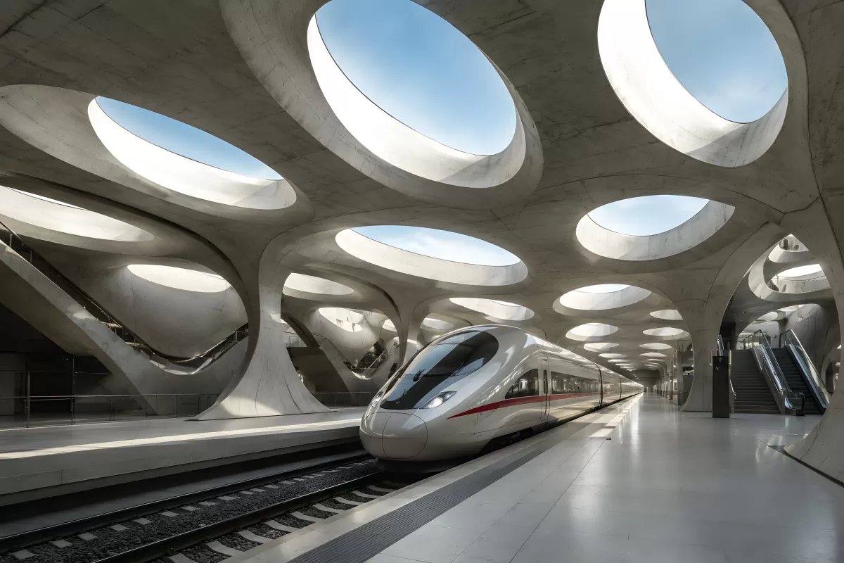 Futuristischer Bahnhof mit Hochgeschwindigkeitszug