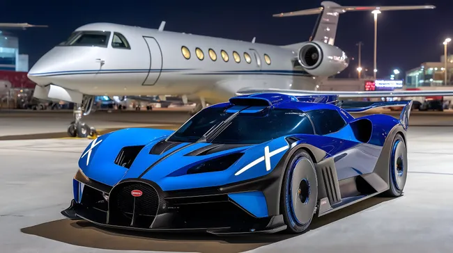 Futuristischer Bolide und Privatjet auf Rollfeld in der Nacht