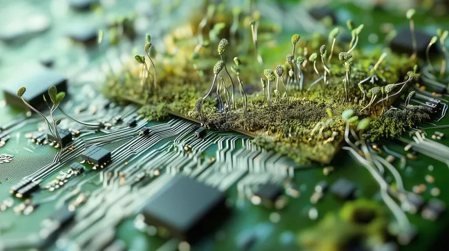Futuristischer Computerchip mit grüner Natur