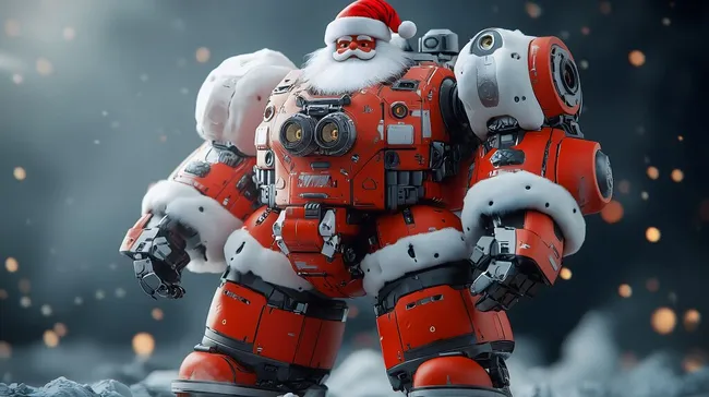 Futuristischer Cyber-Weihnachtsmann in roter Rüstung