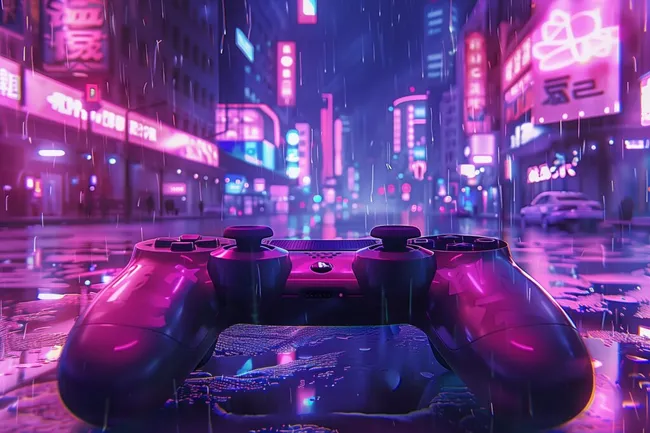 Futuristischer Cyberpunk-Gamer-Controller in der Neonstadt
