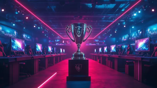 Futuristischer E-Sport-Wettkampfraum mit Siegerpokal