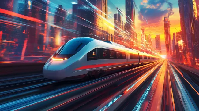 Futuristischer Hochgeschwindigkeitszug in glühender Metropole