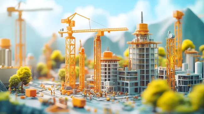 Futuristischer Hochhausbau mit Kränen in moderner Stadtlandschaft