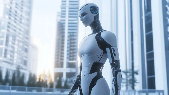 Futuristischer humanoider Roboter in Großstadt-Skyline