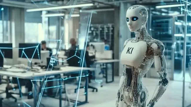 Futuristischer KI-Roboter in modernem Büroraum
