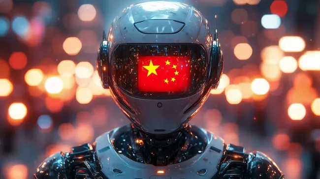 Futuristischer KI-Roboter mit chinesischer Flagge