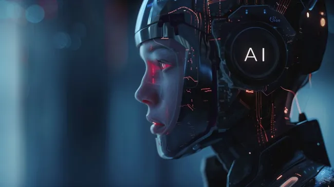 Futuristischer KI-Roboterkopf mit leuchtendem Display