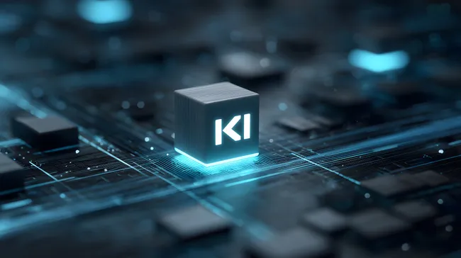 Futuristischer KI-Würfel auf hochkomplexem Schaltkreis