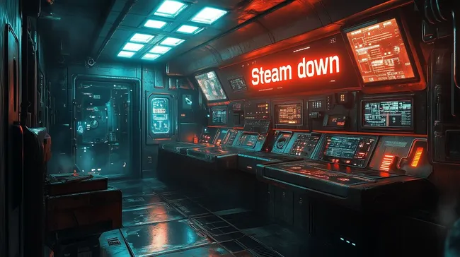 Futuristischer Kontrollraum mit dampfenden Displays