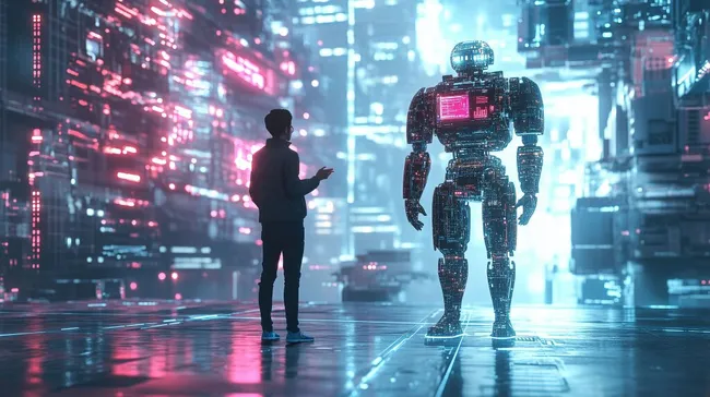 Futuristischer Roboter in leuchtender Großstadt