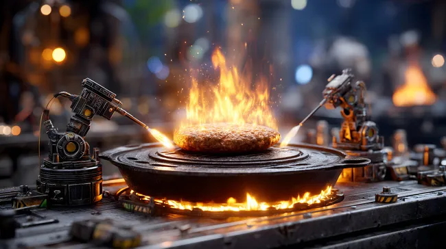 Futuristischer Roboterkoch brät Hamburger in Hightech-Küche