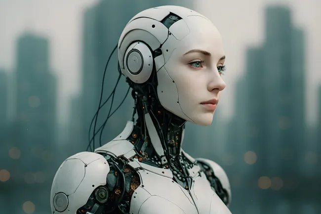 Futuristischer Roboterkopf mit Menschengesicht