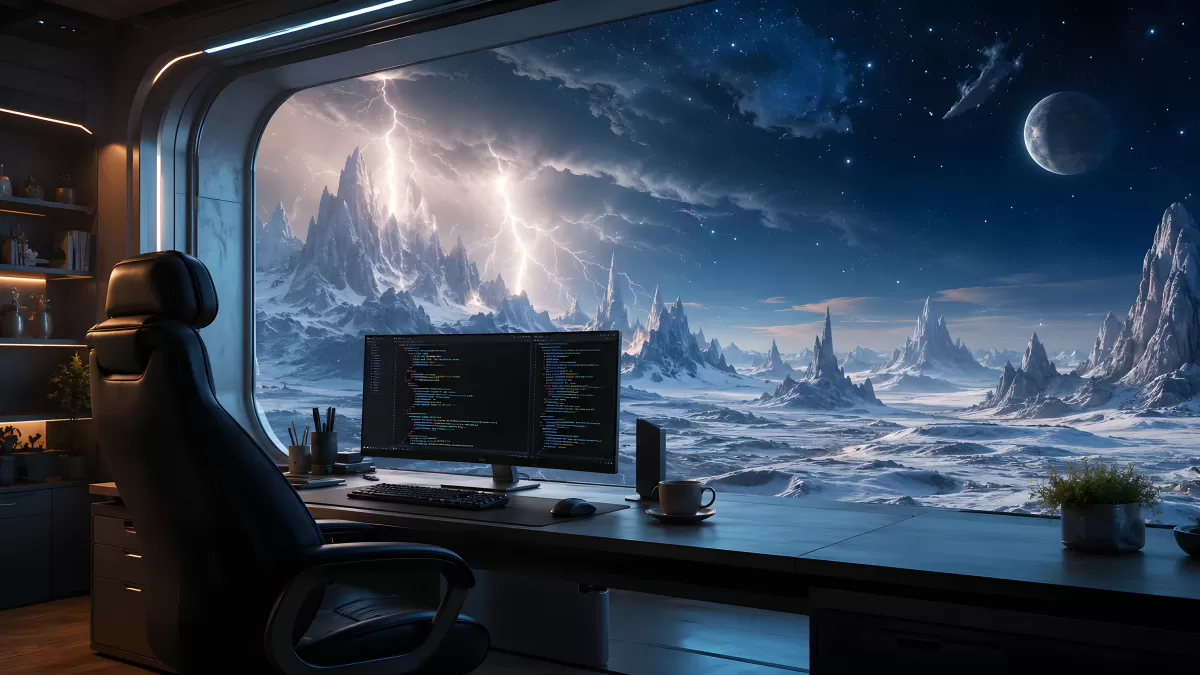 Futuristischer Schreibtisch mit Blick auf Eislandschaft