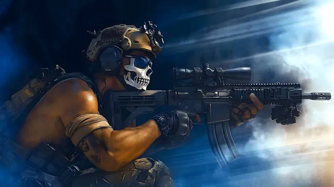 Futuristischer Soldat in Action mit Sturmgewehr