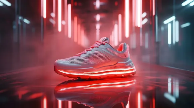 Futuristischer Sportschuh in neonroten Lichtern