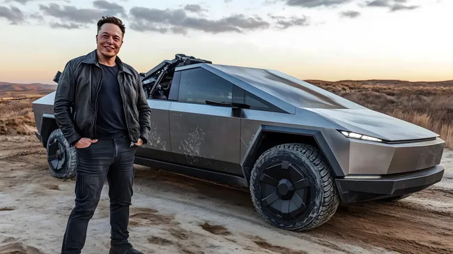 Futuristischer Tesla Cybertruck in der Wüstenlandschaft