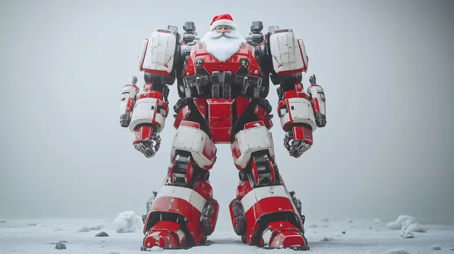 Futuristischer Weihnachtsmann-Mech in winterlicher Schneelandschaft