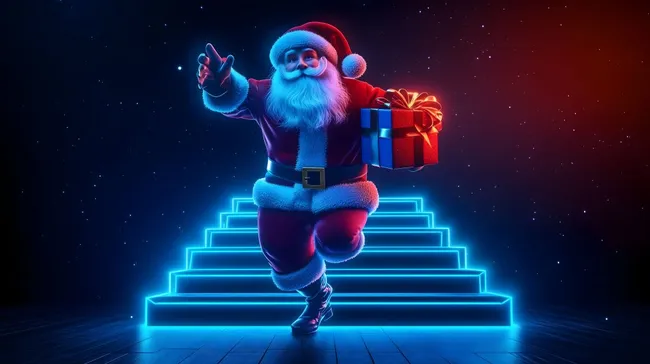 Futuristischer Weihnachtsmann mit Geschenk in Neonkulisse