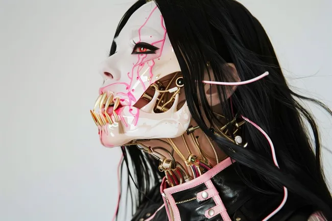 Futuristisches Cyberpunk-Geisha-Porträt mit mechanischem Gesicht