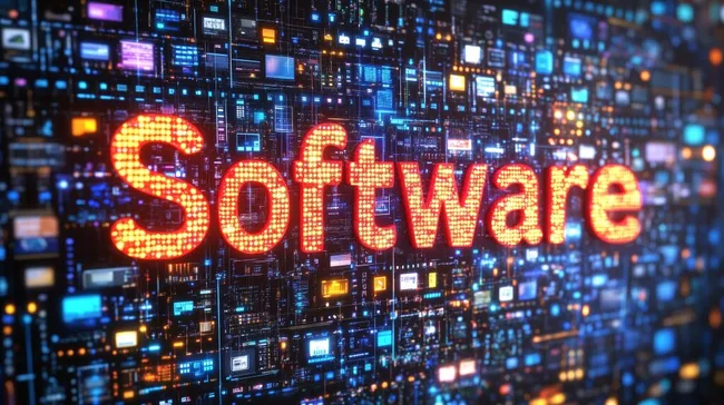 Futuristisches digitales Stadtbild mit Software-Schriftzug