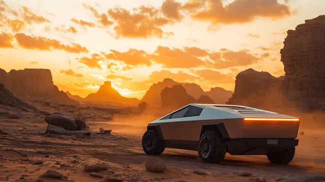 Futuristisches E-Fahrzeug in düsterer Wüstenlandschaft