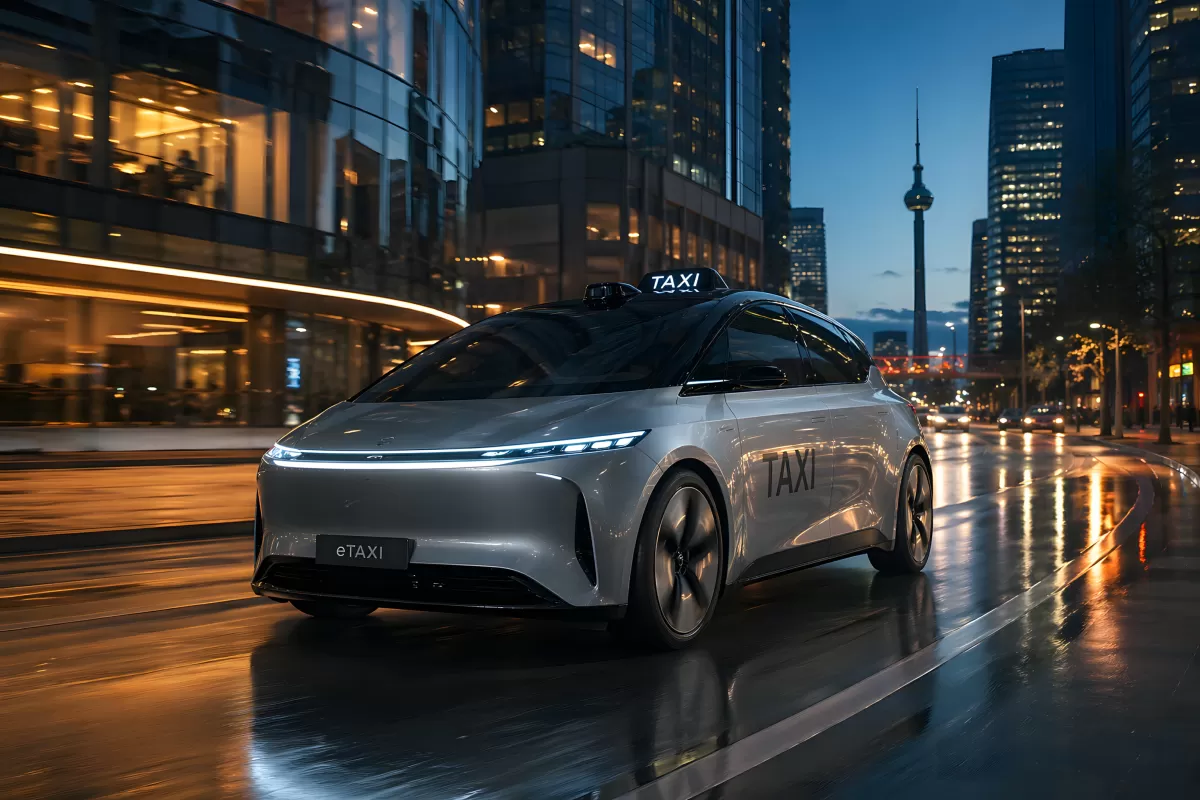 Futuristisches Elektro-Taxi fährt nachts durch Großstadt