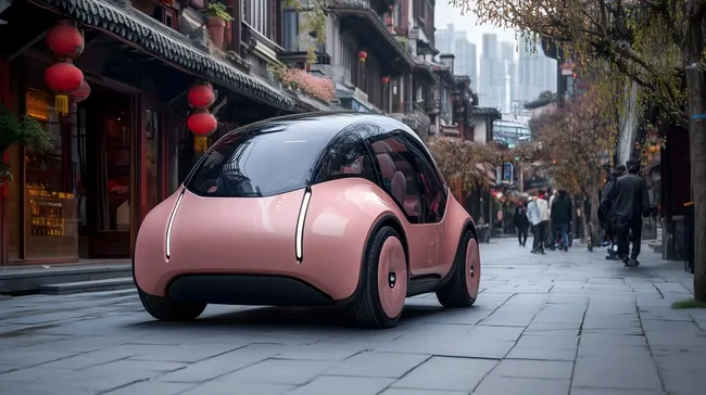 Futuristisches Elektroauto in historischer Altstadt