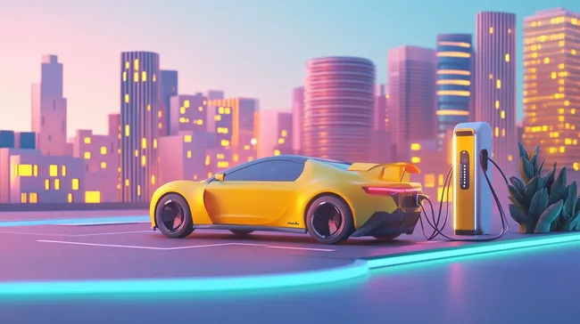 Futuristisches Elektroauto in urbaner Skyline