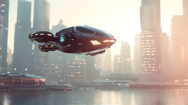 Futuristisches Flugfahrzeug über moderner Metropole