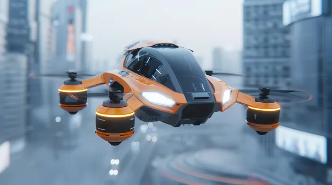 Futuristisches Flugtaxi über Wolkenkratzern