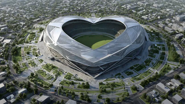 Futuristisches Fußballstadion in Herzform aus der Vogelperspektive