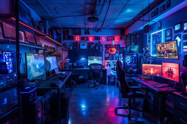 Futuristisches Gaming-Büro in neonblauer Umgebung