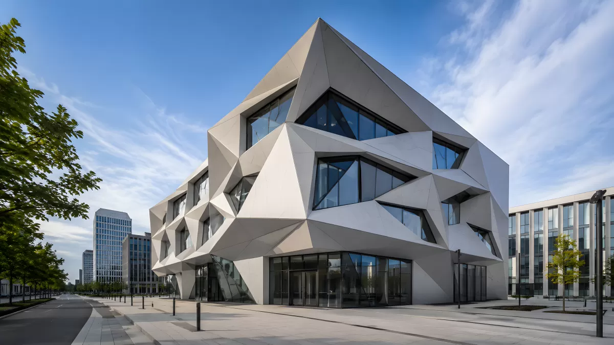 Futuristisches Gebäude mit geometrischer Fassade aus Beton
