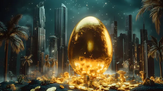 Futuristisches goldenes Ei über Megacity-Skyline